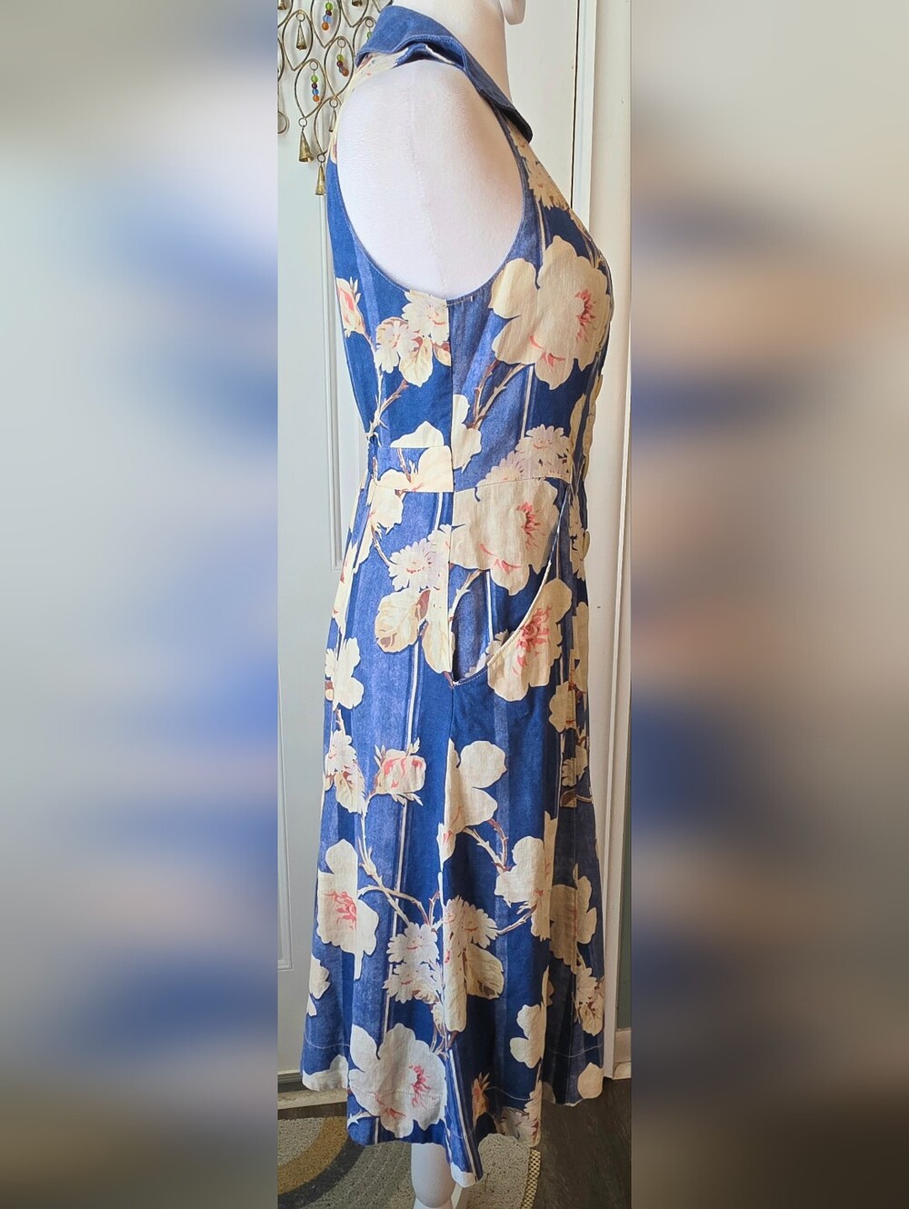Anthropologie Camellia Collared Midi Dress Womens 2 Blue Cream Floral Retro 90s - Picture 5 of 12